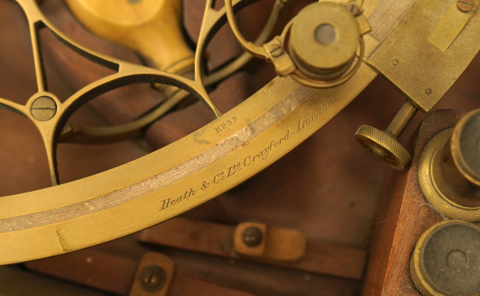A G.W. Heath 'Hezzanith' sextant, cased, with certificate of observation to the interior, 27cm wide